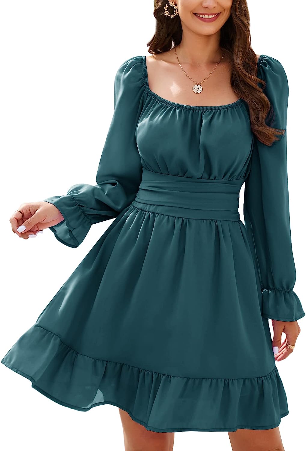 AISWI Women's Tie Back Flowy Dress Long Lantern Sleeve Square Neck Ruffle Elastic Waist Aline Casual Mini Dress - Image 2